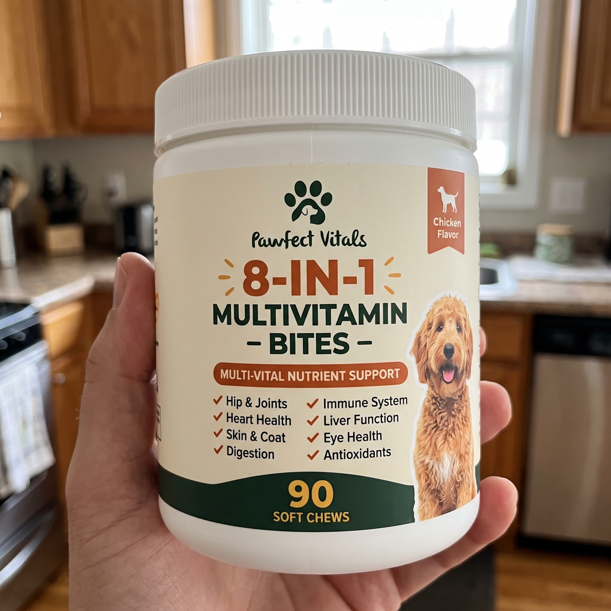 A hand holding the Pawfect Vitals 8-in-1 jar in a home kitchen, shown for scale