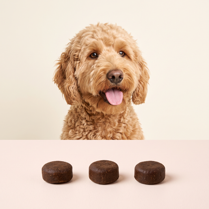A goldendoodle above three Pawfect Vitals soft chews