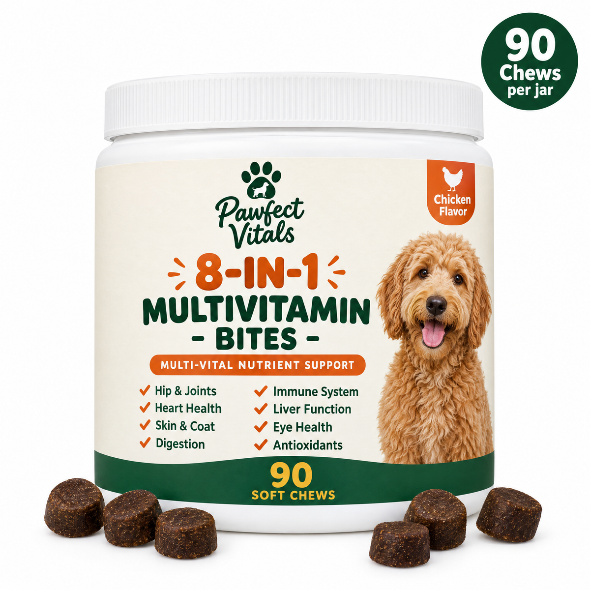 Pawfect Vitals 8-in-1 Multivitamin Bites, 90 chews per jar, with soft chews