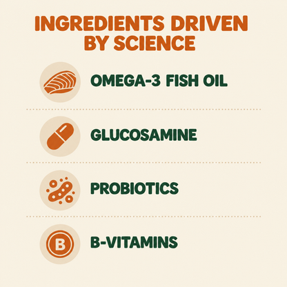 Ingredients driven by science: omega-3 fish oil, glucosamine, probiotics, B-vitamins